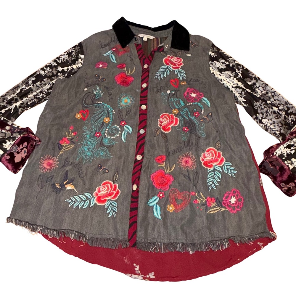 John Mark Mixed Media Embroidered Shirt Large Floral Peacock Velvet Boho Birds